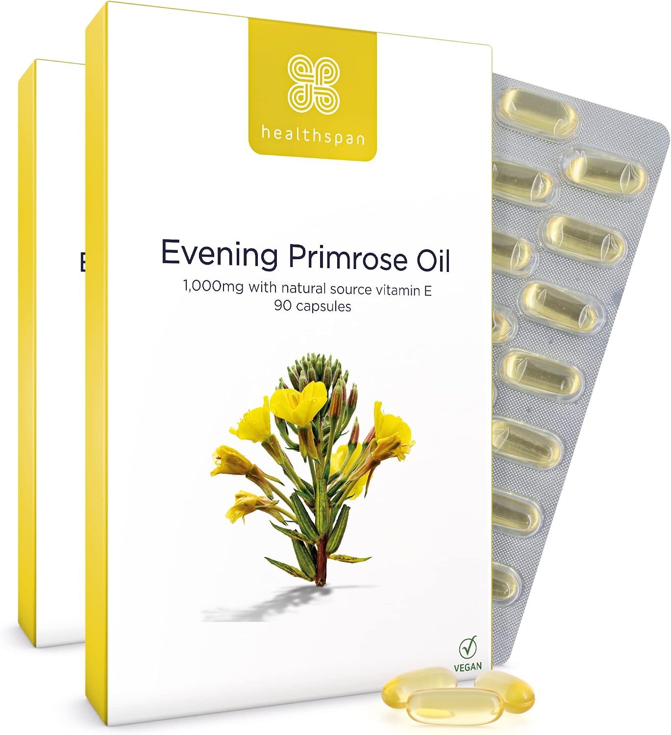Healthspan Evening Primrose Oil 1000 mg Dosage Supports Women's Health & Hormonal Balance Rich Source of Omega-6 Fatty Acids with Vitamin E Vegan (180 Count)