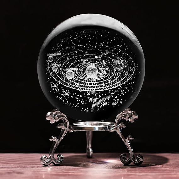 3D Solar System Crystal Ball with Stand Lase Engraved Glass Sphere Paperweight Solar System Decor Astronomy Gift