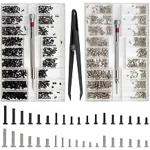 Bikasun 1000 PCS Tiny Micro Repair Screw Kit, M1.2 M1.4 M2 Tiny Micro Screws Set, Watch Glasses Computer Replacement Screws, Tiny Repair Screws Set with Screwdriver Tweezers, Silver Black