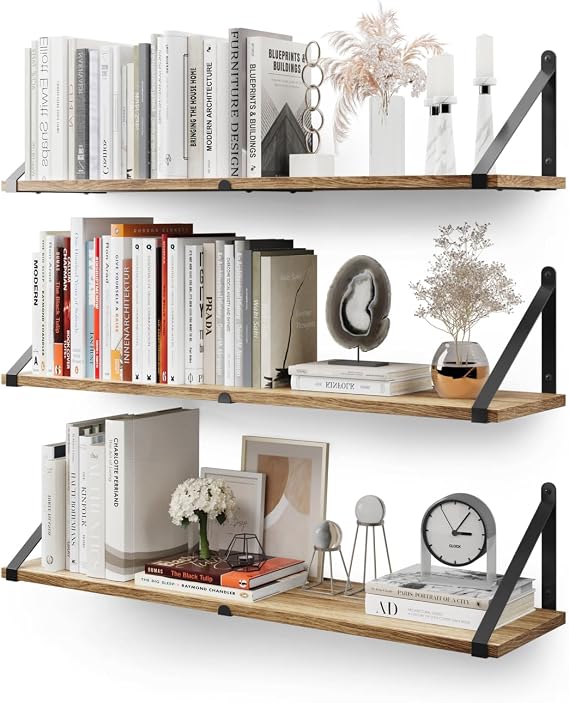 CASSA ZENO Wall Mounted Floating Book Shelves for Wall Set of 3, 80cm x 20cm Shelf Bookshelf for Bedroom Living Room Office Bathroom Kitchen Rustic Wood with Metal Bracket (Natural)