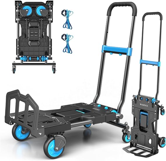 Folding Hand Truck, 2 in 1 Hand Truck Foldable Dolly with Wheels 330LBS Capacity, Hand Truck Dolly with 3-Gear Retractable Handle, Collapsible Truck Dolly for Moving, Blue, WA-HT-B02