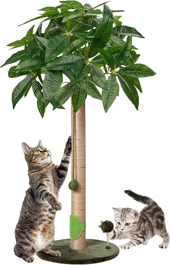 Meowoou 84 cm Scratching Post, Scratch Post for Cats Indoor Adults and Kitten, Scratcher Post with Sisal Rope, Cute Tall Cat Scratching Post with Hanging Ball