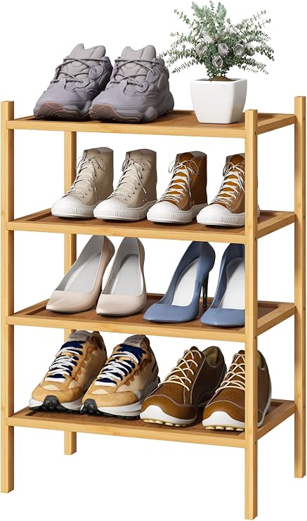Kiplant Small Shoe Rack 4-Tier Bamboo Shoe Rack Entryway Stackable Shoe Organizer for Hallway Closet, Freestanding Shoe Rack for Indoor & Outdoor