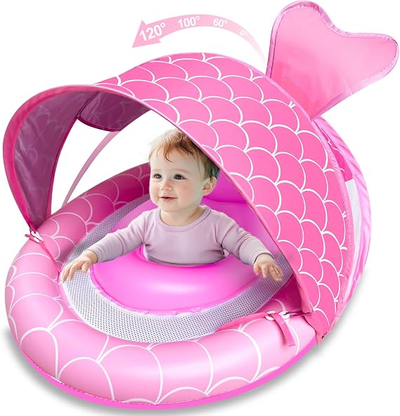 Baby Pool Float with Canopy UPF50+ for Age 6-36 Months Infant Toddler | Sun Protection, Anti-Tip, 4 Stage Adjustable Canopy, Dual Air Chambers, Adjustable Safety Seat, Inflatable Swim Pool Float