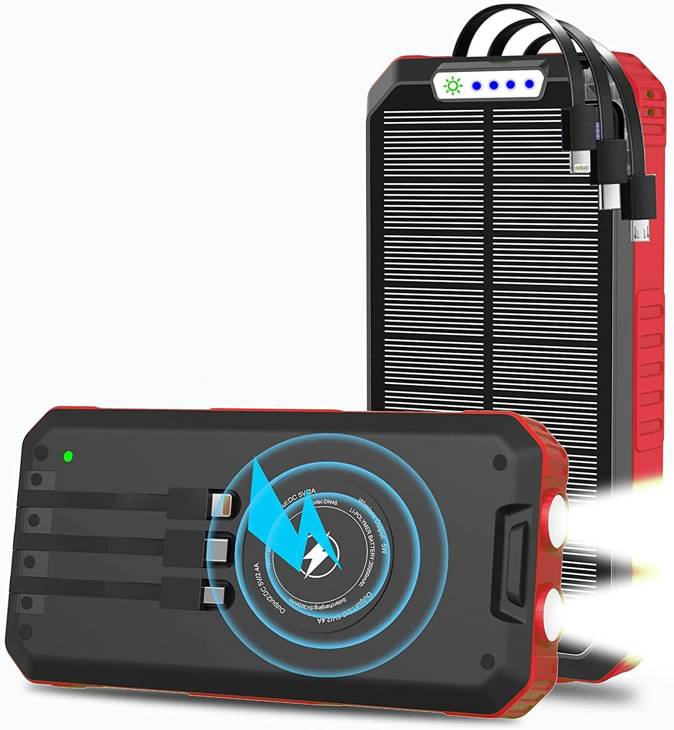 OIMYE Solar Charger Power Bank 30000mAh Qi Wireless Solar Power Bank with 3 Cables & LED Flashlights, for iPhone, Android, Tablet and Outdoor Camping
