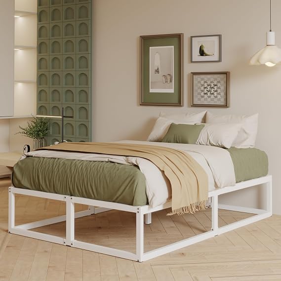 EMODA King Size Bed Frame 36cm High with Steel Slats Support, White
