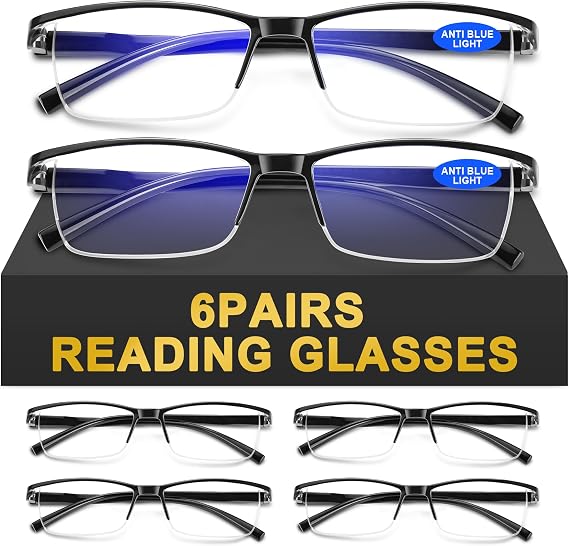 6Pack Reading Glasses Men, Spring Hinge Blue Light Blocking Readers, Lightweight Computer Magnifying Eyeglasses