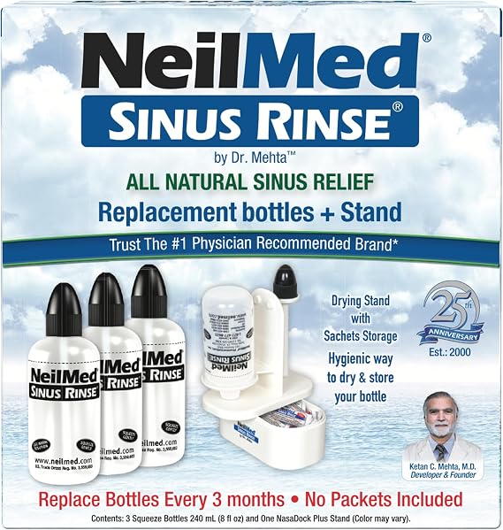 NeilMed Sinus Rinse Nasal Irrigation Replacement Bottle 3ct with NeilMed NasaDock Plus Drying Stand