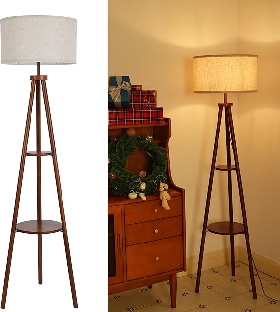 Tripod Floor Lamp in Vintage Walnut Wood with 2-Tier Shelves [Energy Class F]