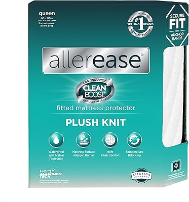 AllerEase CleanBoost Plush Knit Mattress Protector Waterproof Particle Barrier Temperature Balancing Soft Plush Comfort Machine Washable Fitted Cover with Elastic Anchor Bands Mattress Cover, Queen