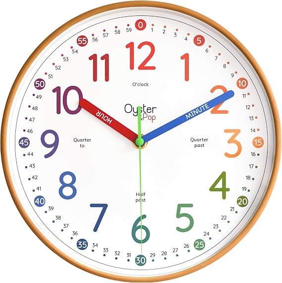 Oyster&Pop Rainbow Kids Wall Clock - Silent 10" Analogue Learning Clock