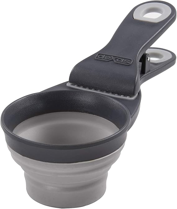 Dexas Popware for Pets Collapsible Klip Scoop, 3-in-1 Pet Food Scoop, Measuring Cup and Bag Clip, 1/2 Cup Capacity, Light Gray