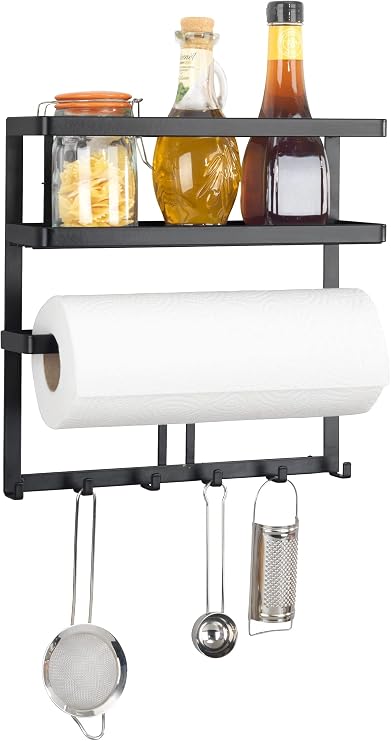 WENKO Gala Multi-Functional Shelving Unit for Space-Saving Storage of Kitchen Utensils Including Kitchen Roll Holder & Railing with 6 Hooks Powder-Coated Flat Steel 30 x 33 x 9 cm Black