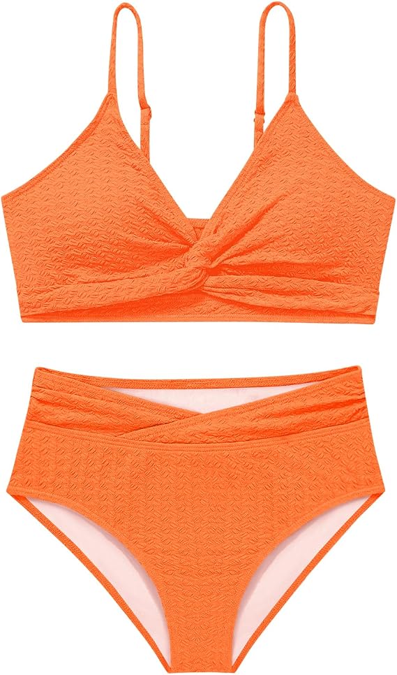 Girls Swimsuit Solid Bathing Suit 2 Piece Twist Cross Adjustable Straps Soft Lining Bikini for Teen Girls with Chest Pad