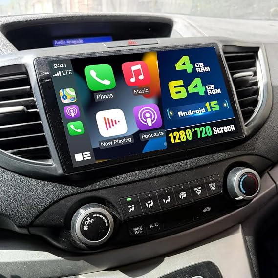 [4G+64G] for Honda CRV 2012 2013 2014 2015 2016 Android 15 Car Stereo Wireless Carplay Android Auto, 9 Inch IPS 1280x720 Touch Screen for Honda CRV Bluetooth GPS SWC FM RDS 5G WiFi DSP Free AHD Cam