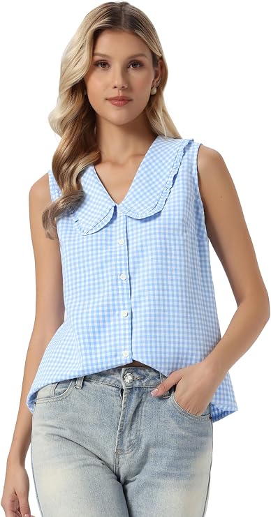 Allegra K Cute Gingham Sleeveless Tops for Women's Peter Pan Collar Ruffled Trim Button Down Blouse
