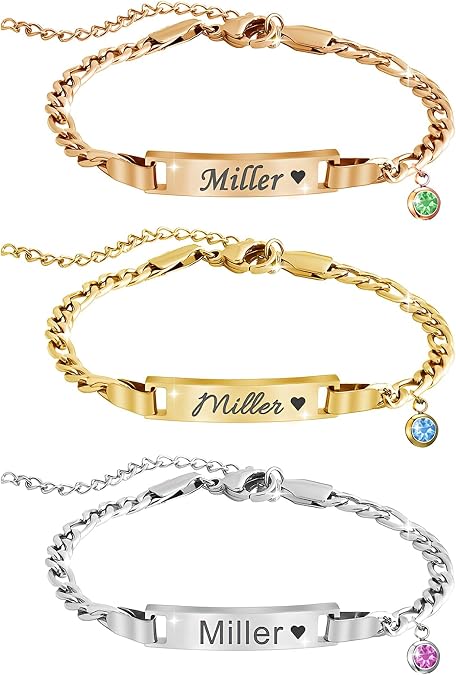 Personalized Name Bar ID Bracelet for Women, 18K Gold Plated | Custom Engraved Name Tag, Matching Birthstone Charm, Adjustable Chain, Ideal Gift for Birthday, Christmas and Mother's Day