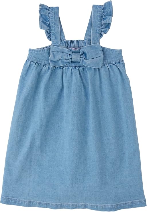 RuffleButts Toddler Girls Flutter Bow Woven Dress - Dress | 100% Cotton, A-Line Silhouette, Below Knee Length, Slit Hemline, Stand Collar, Ruffle Straps, Button Strap Closure