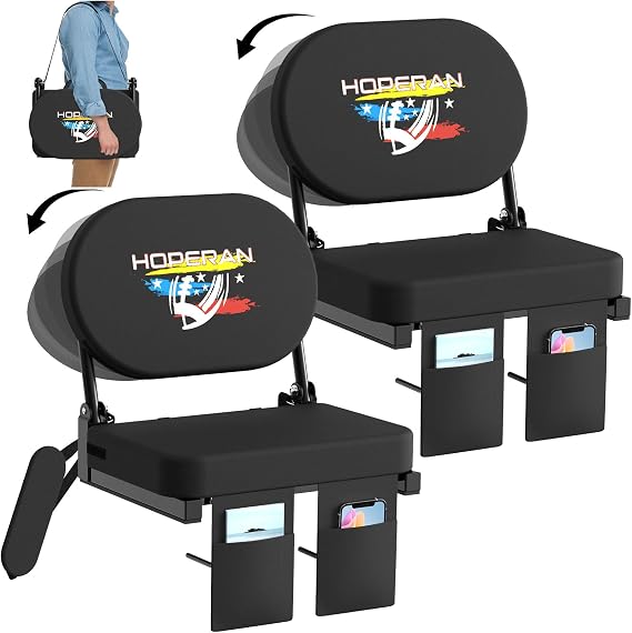 HOPERAN Stadium Seats with Back Support - Bleacher Chairs with Back and Cushion, Thick Padded Bleacher Seats Includes Folding Rotating Back and Shoulder Strap(Black 2pc)