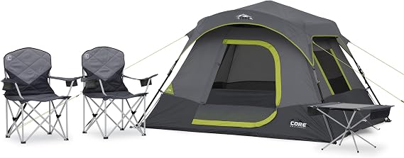 CORE 4 Person Instant Cabin Tent Camping Set | Includes 1 Pop Up Tent with 60 Second Setup, 1 Outdoor Table & 2 Camp Chairs | Perfect for Family Car Camping with Included Carry Bag