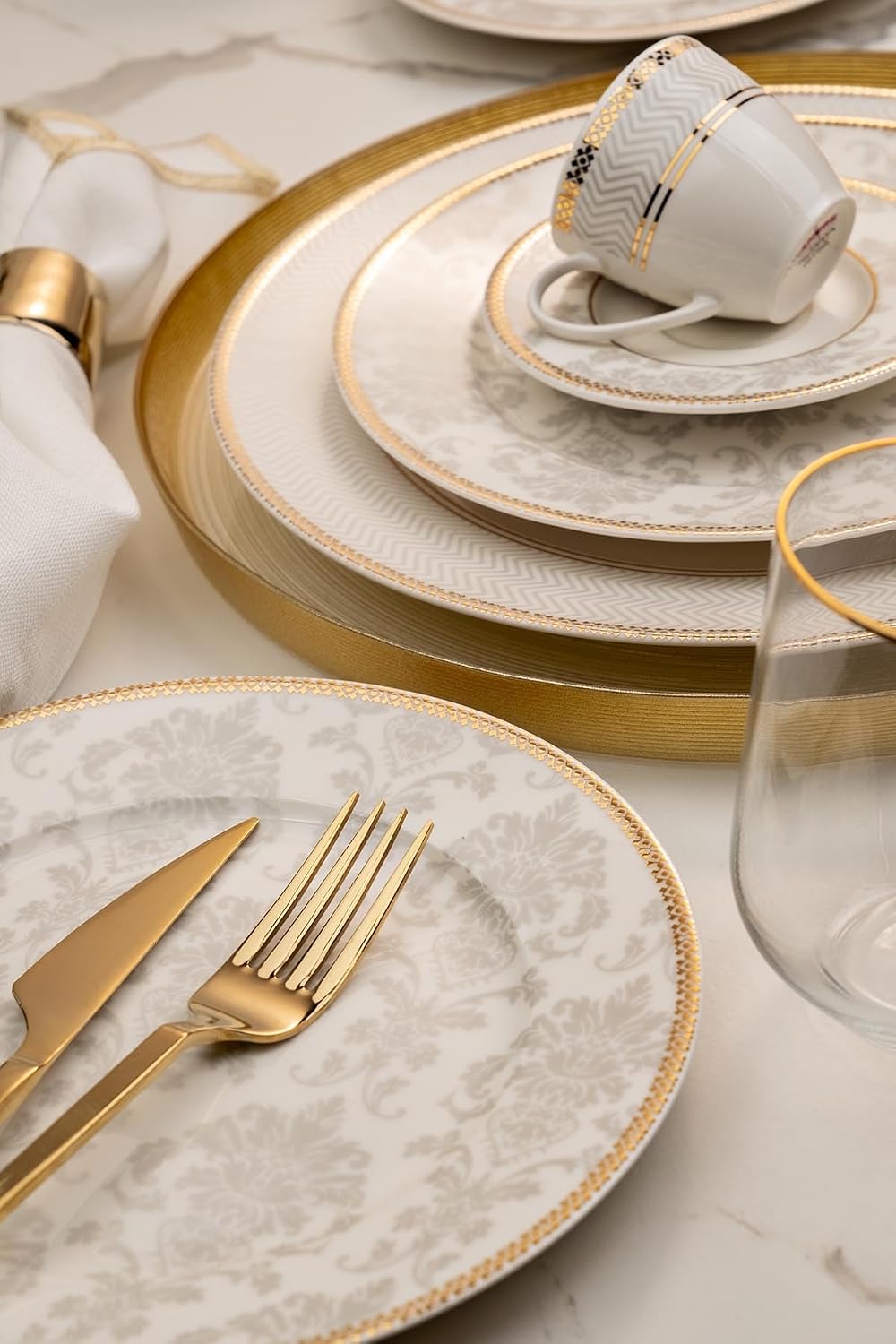 Kütahya Porcelain Bone Calypso 68 Pieces Dinner Set for 12 Persons, Damask