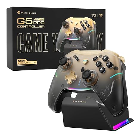 Machenike G5Pro V2 Gaming Controller PC für PC/NS/IOS/Android (1000Hz Abtastrate) Optisch & Mikroschalter Trigger Kabelloser Gamepad mit RGB Beleuchtung (USB/2.4G/BT) (Gelb PE) (Gelb)