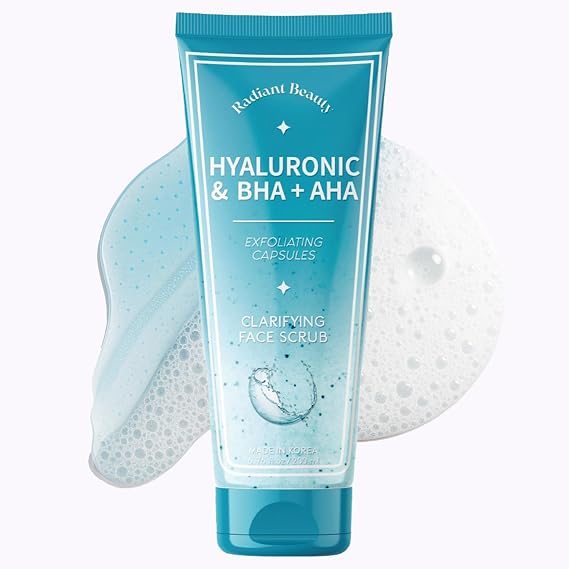 Hyaluronic Acid Face Scrub with BHA and AHA Dermatologist Tested, Korean Skin Care Gentle Exfoliating, Hydrates & Smooths Clean Vegan Formula 200ml / 6.76 Fl Oz