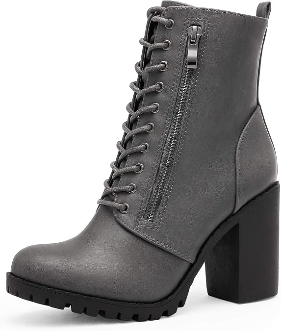 DREAM PAIRS Women's Combat Ankle Chunky Heel Lace up Booties | Fashion High Heeled Ankle Booties Side zipper and adjustable lace up closure design for easy on/off