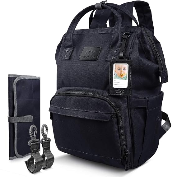 Qipi Diaper Bag - Spacious & Smart Multi-Function Nappy Bag w/Changing Pad - Onyx Black