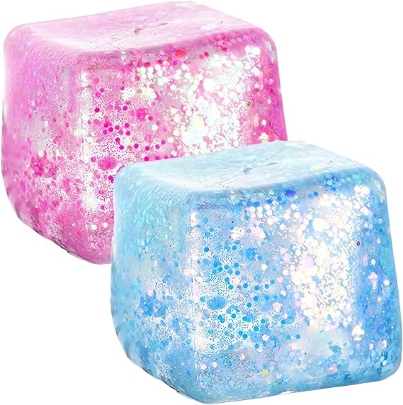 2 PCS Squishy Cube, Stress Cube for Anxiety Relief, Ice Cube Squishy Fidget Cube for Adults Kids Teens, Classroom Office School Use, 6x6x6 cm, Pink and Blue, TPR Material