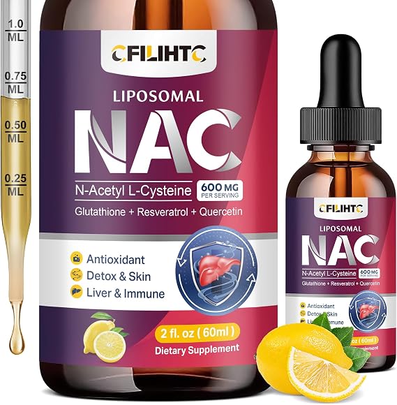 Liposomal Liquid NAC Supplement N-Acetyl Cysteine Drops, N Acetyl Cysteine 600mg with Glutathione, Resveratrol & Zinc for Adults & Kids Liver Lung Antioxidant Immune & Skin Health, Lemon 2 Fl Oz