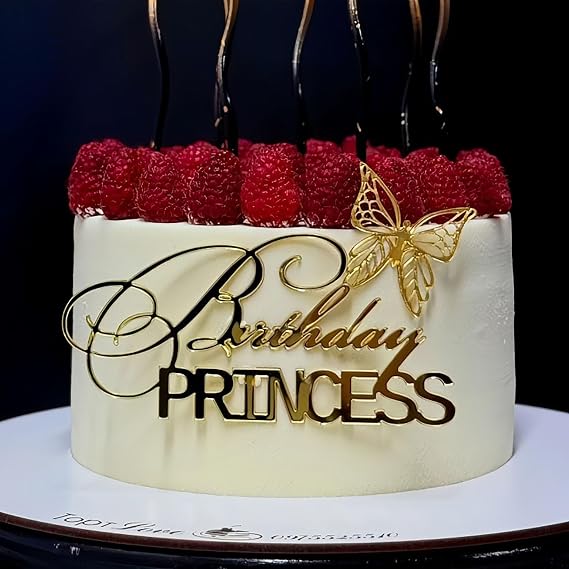 Birthday Princess Cake Topper, Gold Acrylic Baby Girls Birthday Party Decoration, Elegant Side Cake Decoration