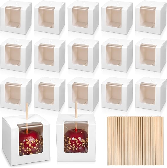 Kegeeei 50 Pack Candy Apple Boxes with Holes and Sticks, 4x4x4 Inch Caramel Apple Gift Boxes with Clear Window, Favor Box for Wedding Christmas Party, White