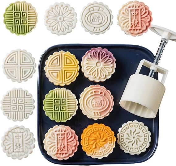 Moon Cake Mold Set 6 Cookie Stamps Mid-Autumn Festival Hand-Pressure Flower Moon Cake Mould DIY Hand Press Cookie Mooncake Pastry Biscuit Cutters Tool for Baking Dessert Cutter Pastry Decor(75g)