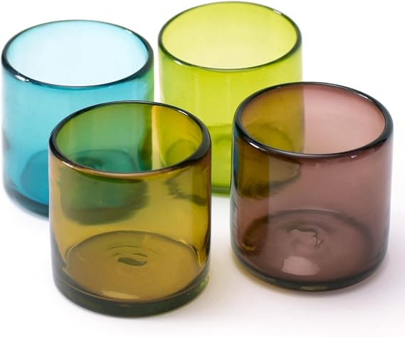 Hand-Blown Cocktail Glasses From Mexico – Set of 4 Lowball Rocks Glasses | Authentic Handcrafted 12 oz Old Fashioned Cocktail Glasses | Mexican Kitchen & Barware Gift Set | Shades of Summer