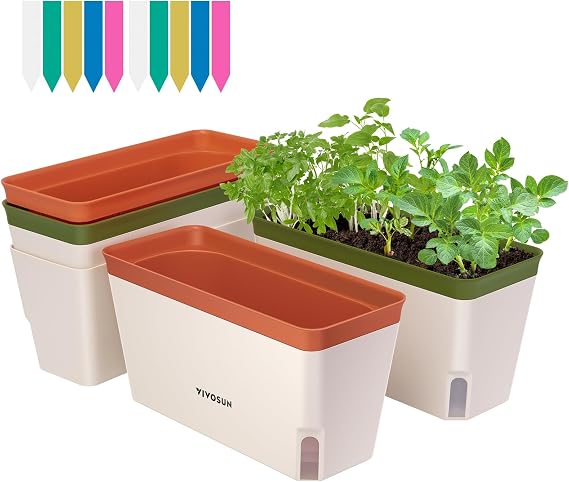 VIVOSUN Self-Watering Planters, 4-Pack 10.5 in Window Herb Planter Box | Compact Rectangular Planter Box with 10 PCS Plant Labels, Plant Container for Basil, Flowers, Succulents, Indoor & Outdoor