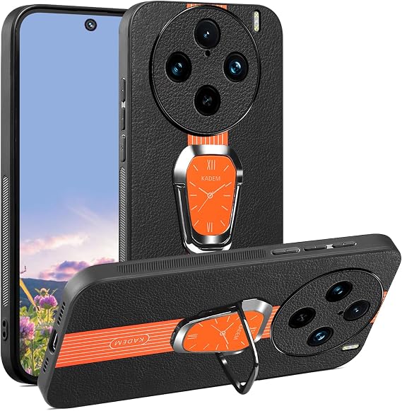 Phone Case for Vivo X100 Pro Black Leather Silicone Cover with Metal Ring Stand, Slim Soft Magnetic Shockproof Protective Cover for Women Men, Classy Luxury (Orange)