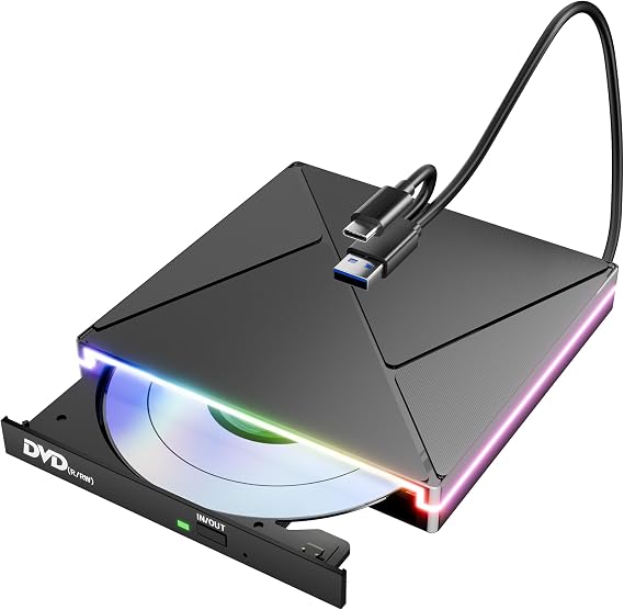 RGB Harici CD DVD Sürücü USB 3.0 Tip C, DVD Sürücü Harici Taşınabilir RW Yazıcı CD Çalar Yazıcı