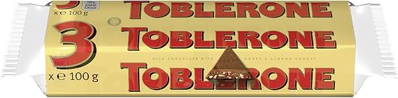 Toblerone - Swiss Milk Chocolate Bar, Honey, Nougat and Almonds - Pack of 3 Bars (100 g)