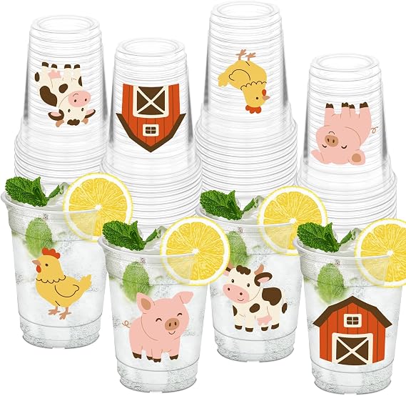 50Pcs Farm Animals Cups, 12oz Farm Animal Plastic Cups for BBQ Birthday Cow Farm Theme Party Supplies Summer Holiday Decorations Favors