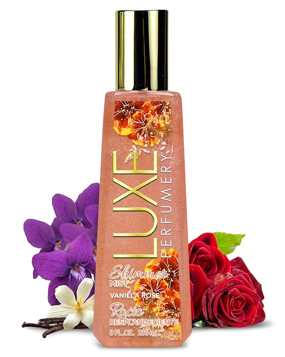 Luxe Perfumery Vanilla Rose Shimmer Body Mist Body Glitter Spray with Soft Floral Vanilla, Rose, Bergamot & Violet Notes, Radiant Glow Shimmer Spray for Women, Gift for Her, Made in USA, 8 fl oz