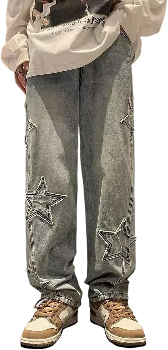 Men's Streetwear Fashion Printed Baggy Jeans Vintage Hip Hop Style Straight Leg Denim Trousers with Multi Pockets