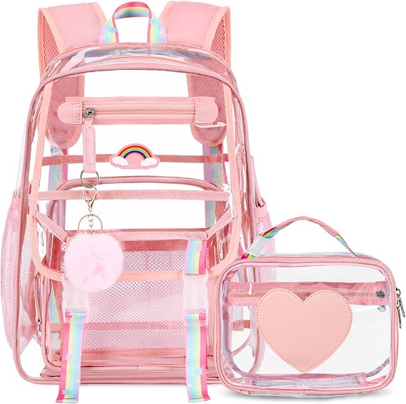 FIXITOK Girls Clear Backpack with Lunch Bag Pencil Pouch Cute Clear Bookbag