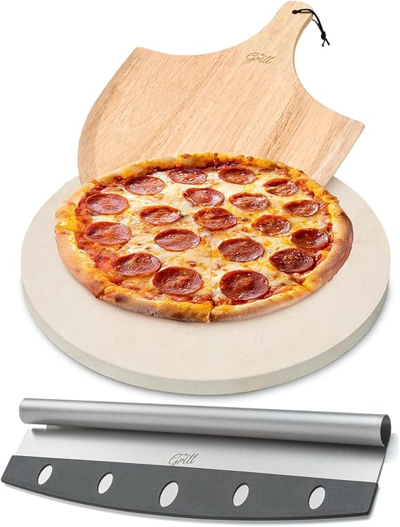 HANS GRILL Circular Pizza Stone & Pizza Cutter - For Oven Baking & BBQ Grilling With Free Wooden Peel and Rocker Blade 14" Large Japanese Grade Sharp Stainless Steel