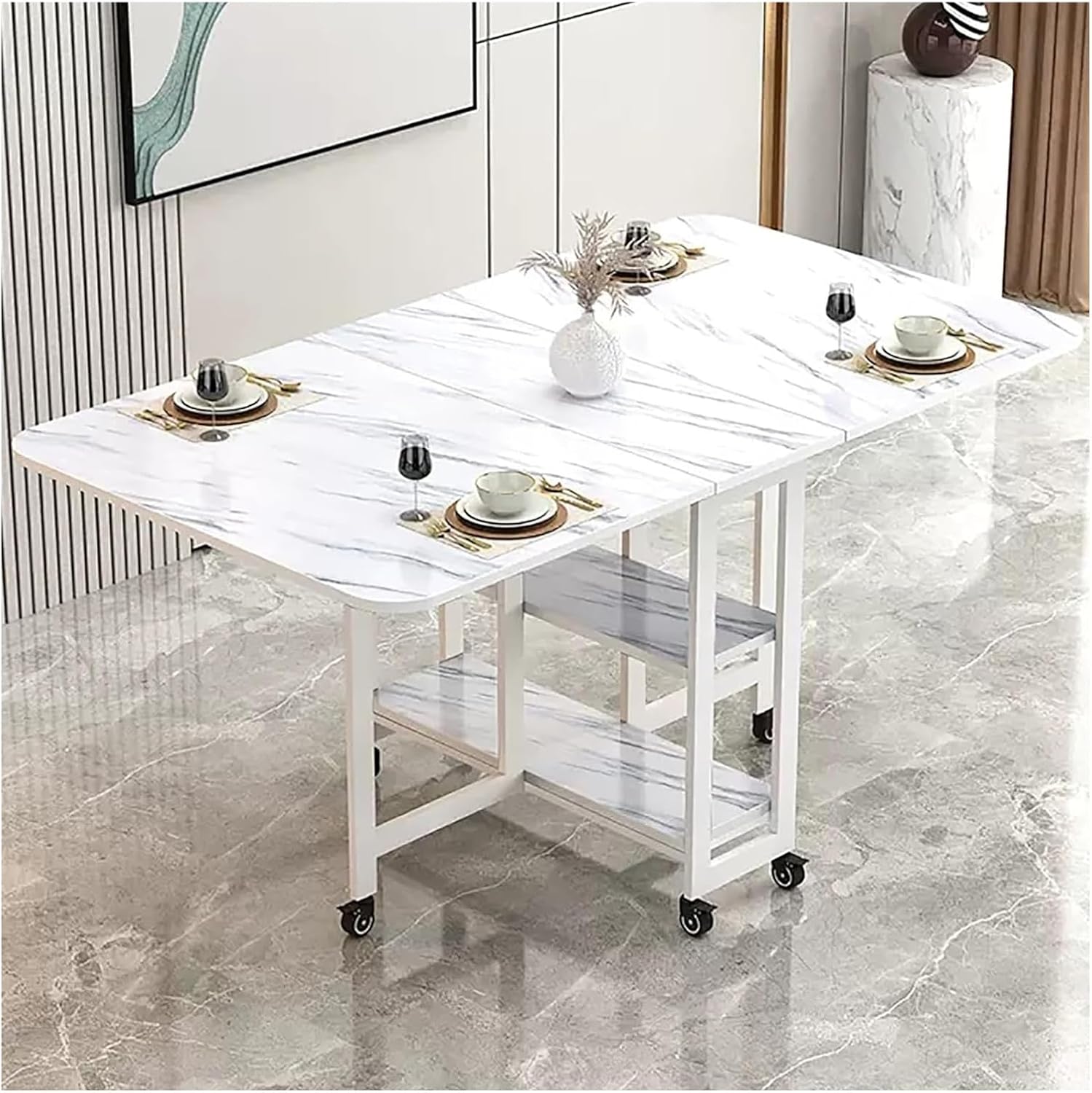 Folding Dining Table Folding Dining Table with Storage, Drop Leaf Dining Table, Mobile Folding Dining Table with 6 Wheels and 2-Layer Storage Shelf Color : C, Size : L-100CM39.3IN