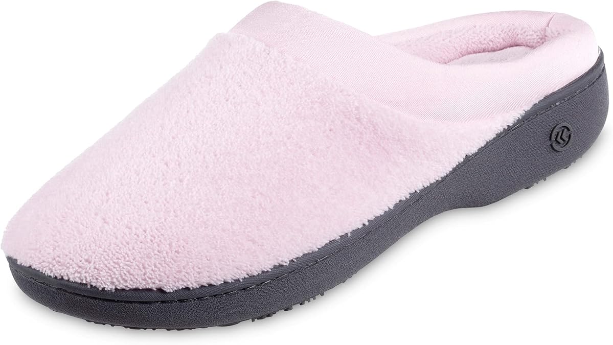 isotoner womens Terry and Satin Slip on Cushioned Slipper With Memory Foam for Indoor/Outdoor Comfort