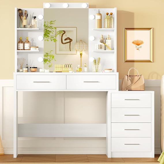 Quimoo 41.3" W Vanity Desk with Mirror and 9 LED Lights, Makeup Vanity with 6 Drawers, 6 Open Shelves, White Vanity for Women Girls, 41.3" W x 13.8" D x 54.3"