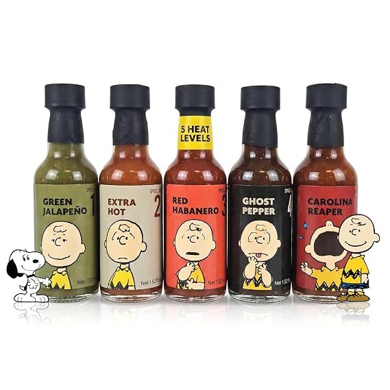 MSRF Charlie Brown Hot Sauce Set | 5 Heat Levels Mini Bottle Gift Pack | Assorted heat-level sauces with pepper-forward variety for PEANUTS collectors, tasting tables, food pairing, and gifting