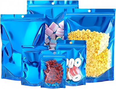 100 PCS Smell Proof Mylar Bags, Resealable Packaging Sealable Bags Stand Up Aluminum Foil Pouch Bags with Clear Window for Food Storage, Jewelry,Cookie,Small Business Packaging Blue, 7 x 10 Inch