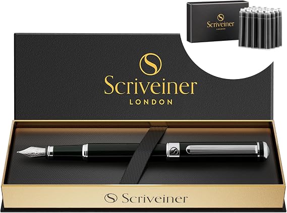 Scriveiner Black Green Fountain Pen - Stunning Luxury Pen with Chrome Finish, Schmidt Nib (Medium), Bundle with Fountain Pen Ink Cartridges - Black - 20 Standard International, Made in UK